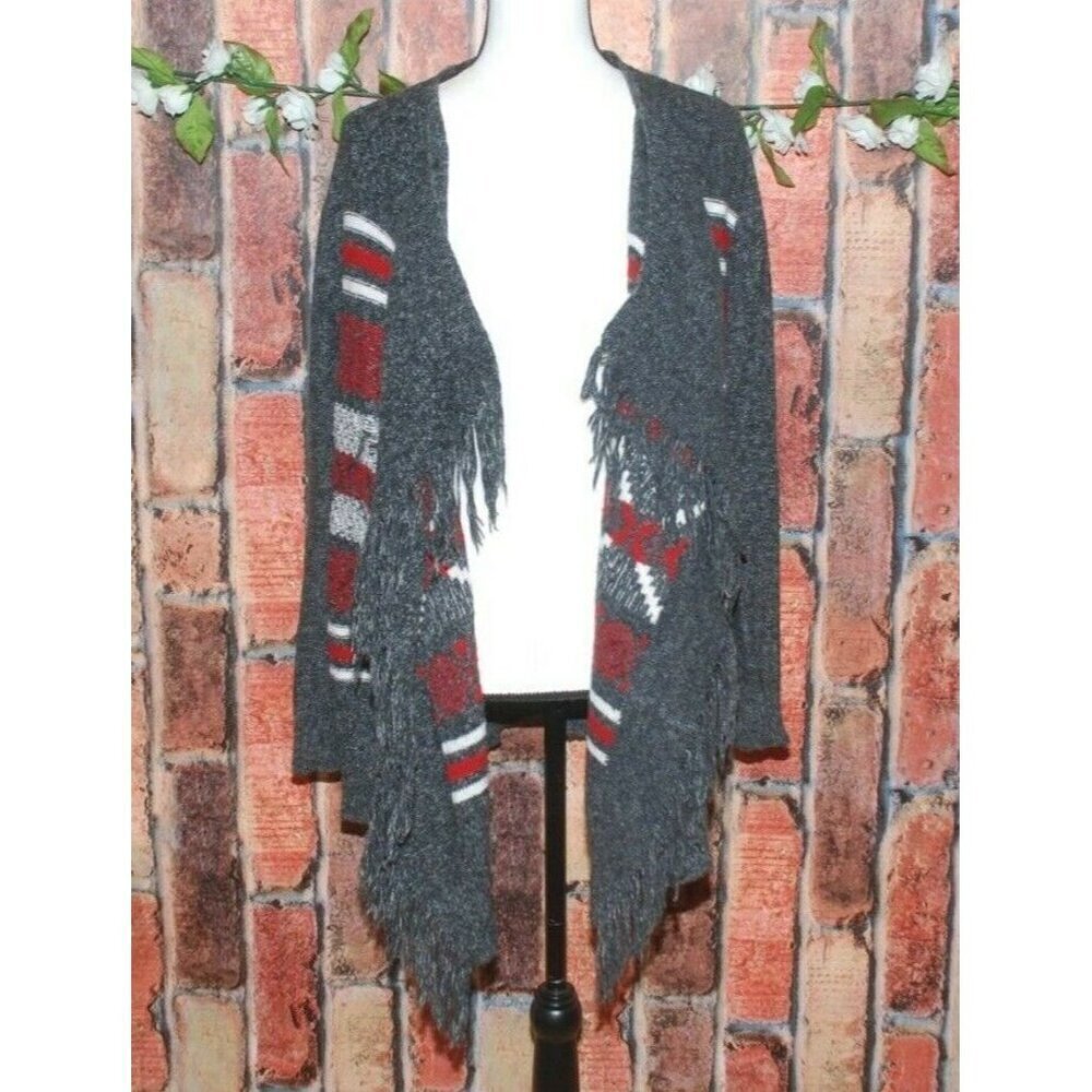 St. John's Bay Ladies L Gray Red Striped Open Front Cardigan Sweater Fringe Cozy